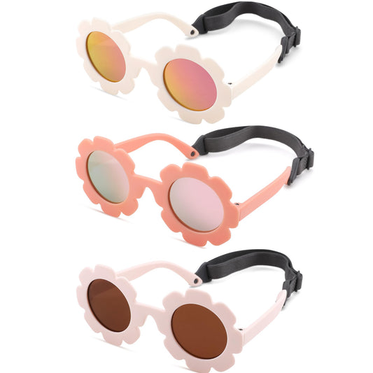 GLARDEFE Polarized Baby Sunglasses with Strap - Unbreakable Infant Flowers Sunglasses for Newborn Girls Boys Age 0-12 Months(White/Red Mirror + Pink/Pink Mirror + Beige/Brown)
