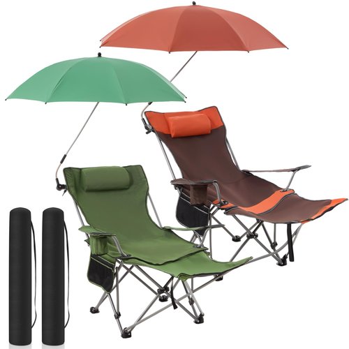 Yuntau 2 Set Reclining Camping Chair with Umbrella Clamp, Adjustable Beach Chair with Foot Rest, SPF 50+, Folding Shade Camping Lounger Recliner for Adult Outdoor(Orange,Green,Oxford)