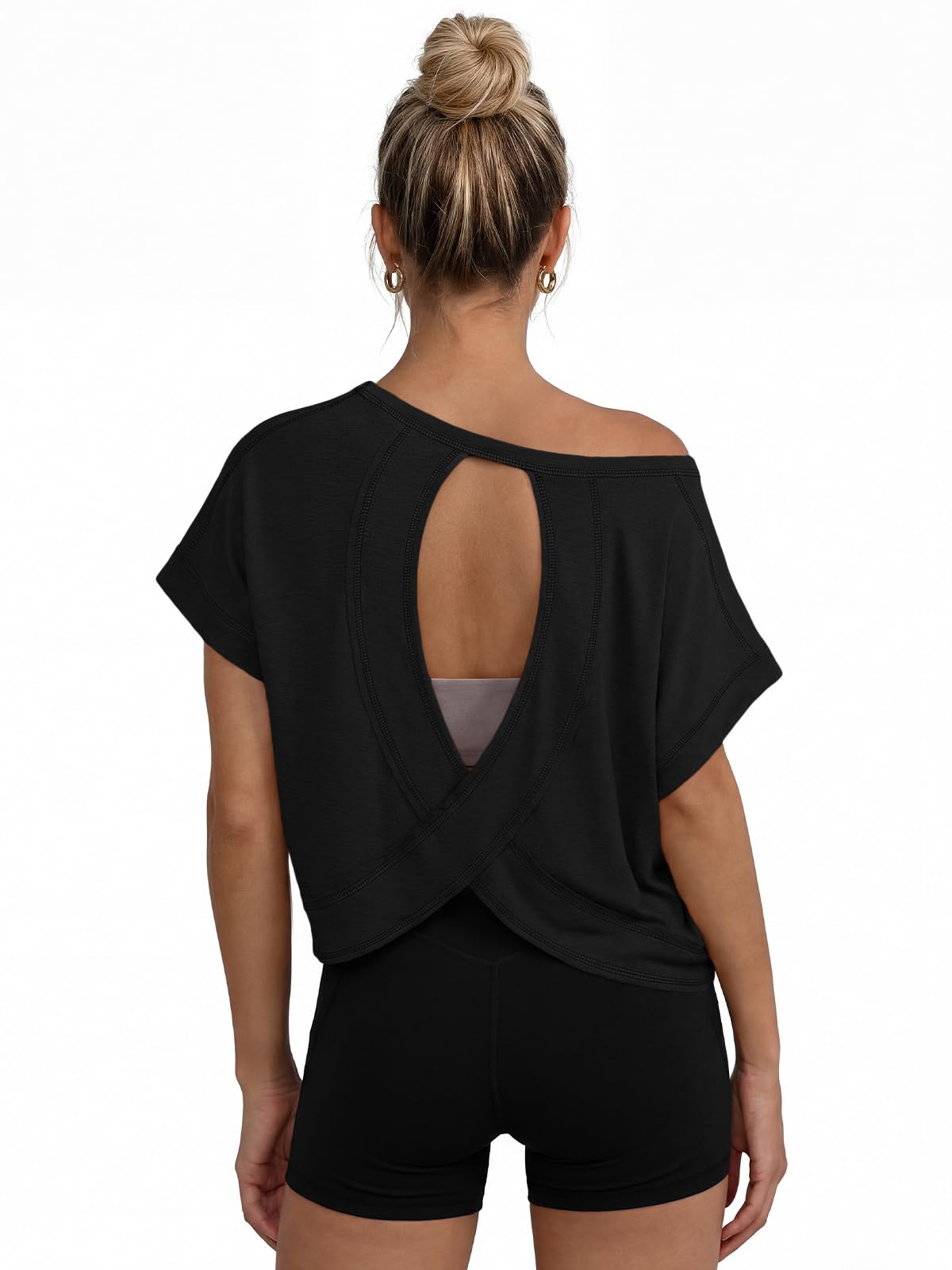 AUTOMET Womens Open Back Workout Crop Tops 2026 Summer Backless Cute Short Sleeve Athletic Shirts Oversized Gym Yoga Tee Black S