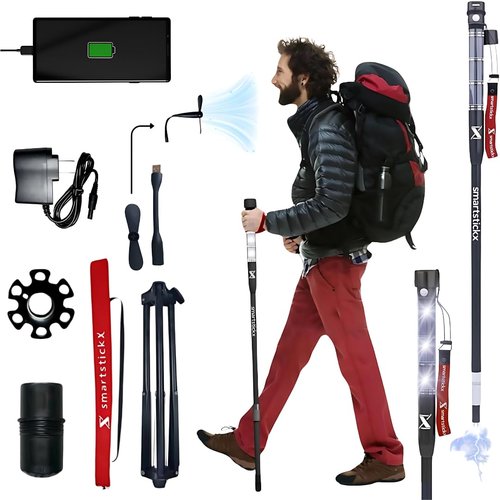 SmartstickX Tactical Walking Stick Staff Self Defense Stun Gun, 2 Bright LED Light Modes, Military Grade Aluminum, USB Charging Port/Fan, Outdoor Adventures, Trekking, Survival Hiking Tactical Tool