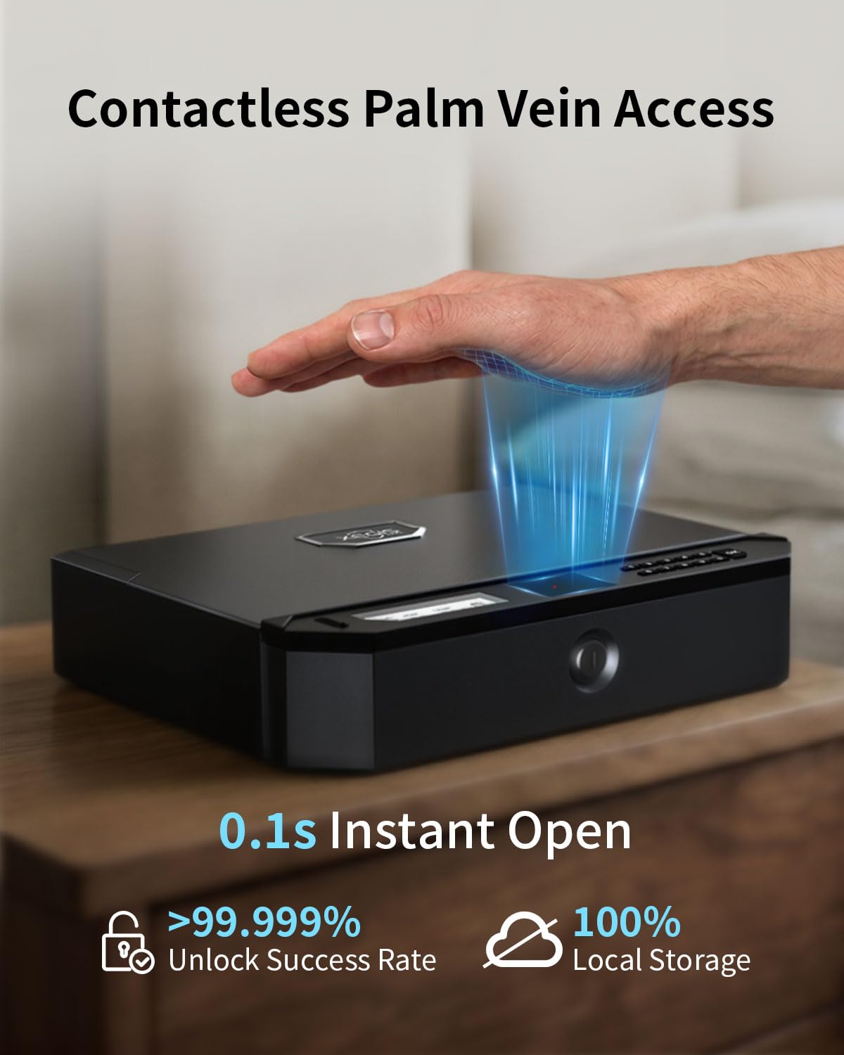 XEGIS SAFE Biometric Gun Safe Contactless Palm Vein, Raise Palm to Open in 0.1s, 3-Way Unlock Keypad/Key Pistol Safe, Works with Any Hand & in Darkness Handgun Safe for Nightstand, Car & Home