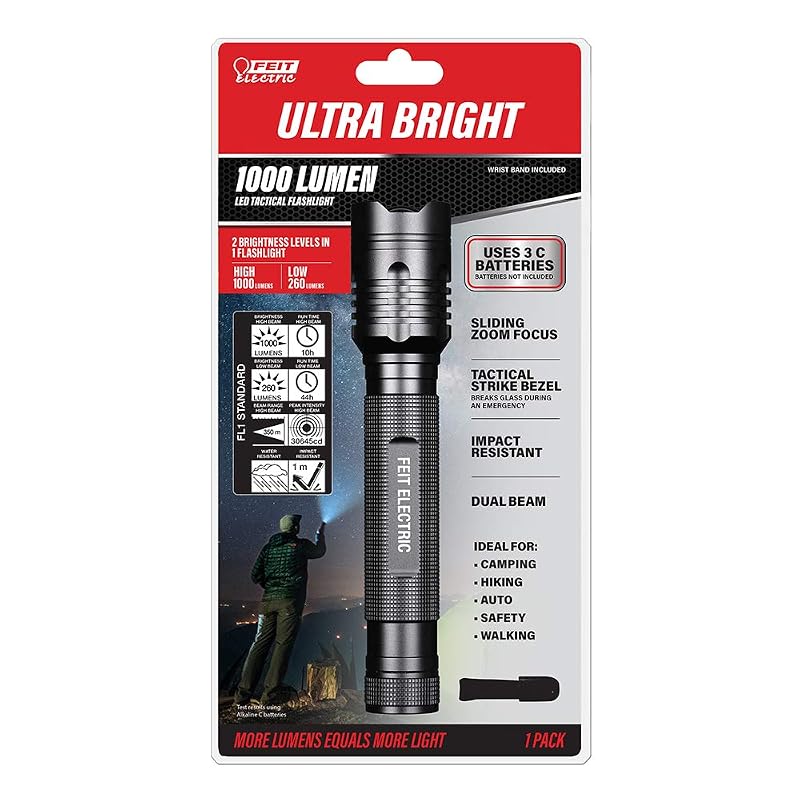 Feit Electric 1000 Lumen LED Tactical Flashlight - Aluminum, Zoomable, 8.1in, 3-C Batteries Included