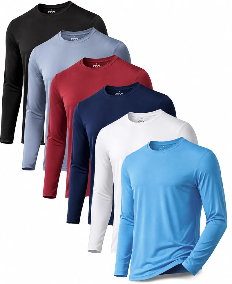 6 Pack Long Sleeve Sun Protection T-Shirts for Men – Quick Dry Sports Tee Set (Large)