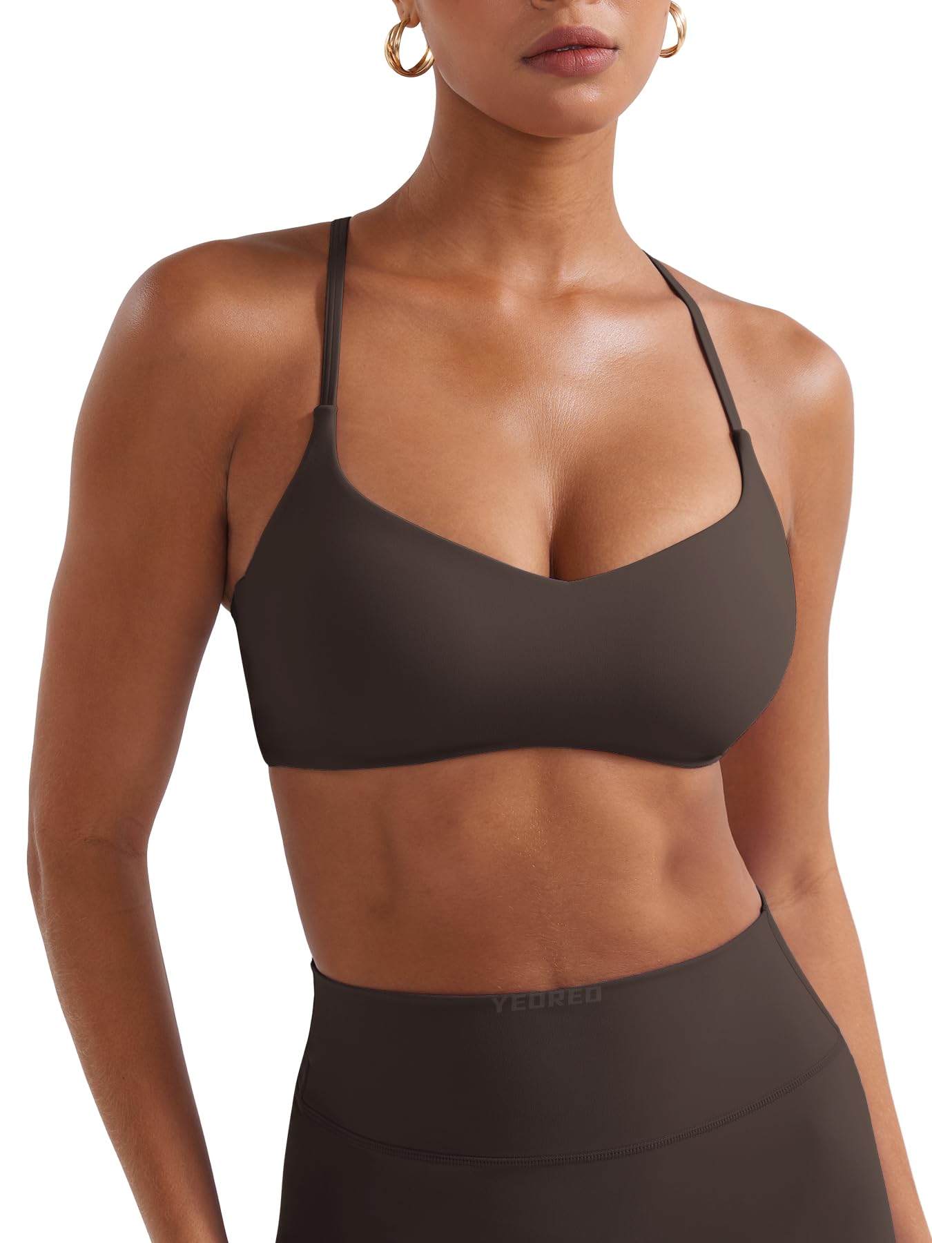 YEOREO CoreFlex Y Back Sports Bras for Women Padded Racerback Bra Paisely Light Impact Adjustable Straps Gym Workout Tops Cocoa L