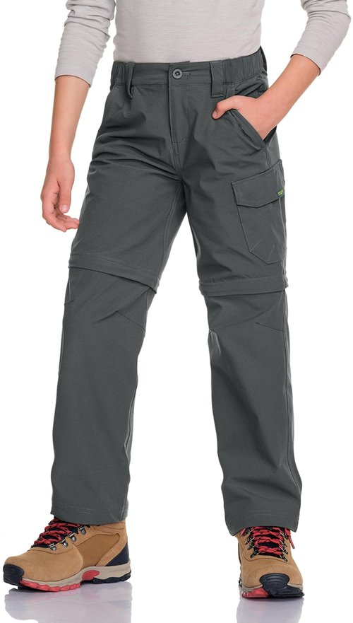 CQR Kids Youth Hiking Cargo Pants, UPF 50+ Quick Dry Convertible Zip Off Pants, Outdoor Camping Pants, Shenandoah Carbon Grey, Large