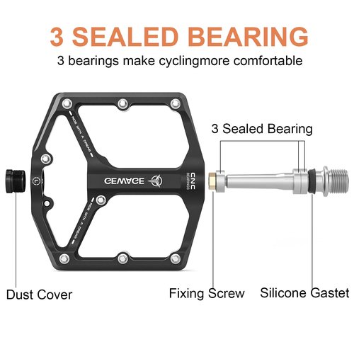 Road/Mountain Bike Pedals - 3 Bearings Bicycle Pedals - 9/16??CNC Machined Flat Pedals with Removable Anti-Skid Nails (Black)