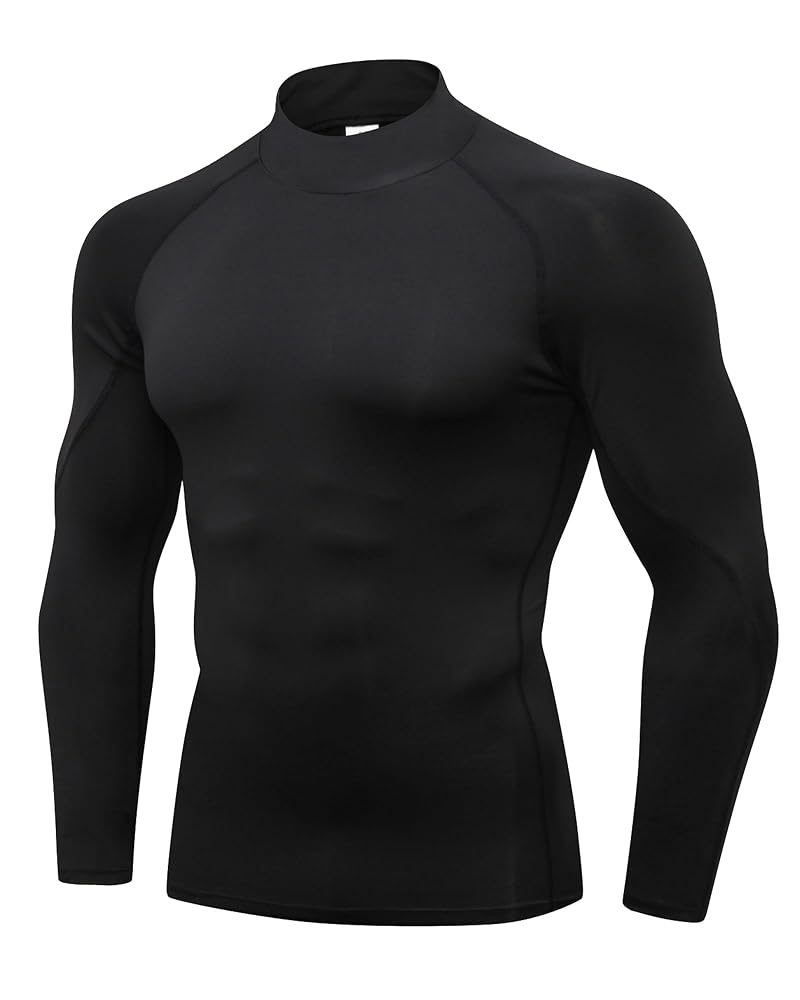 Men's Compression Long Sleeve Shirt - Base Layer Top for Running & Training - Black, Large