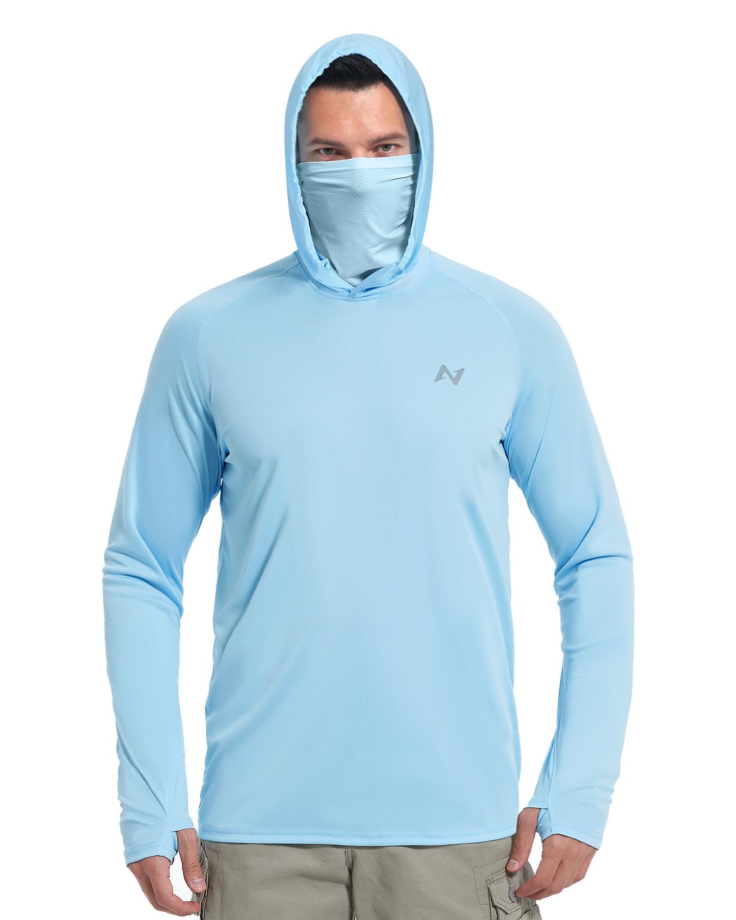 isnowood Sun Shirt UPF 50+ Men's Fishing Long Sleeve UV Protection Hoodie Hiking Rash Guard Swimming Running Light Blue