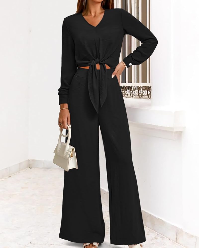PrettyGarden Women 2-Piece Outfits - V-Neck Crop Top & Wide Leg Pants (Black, Large)
