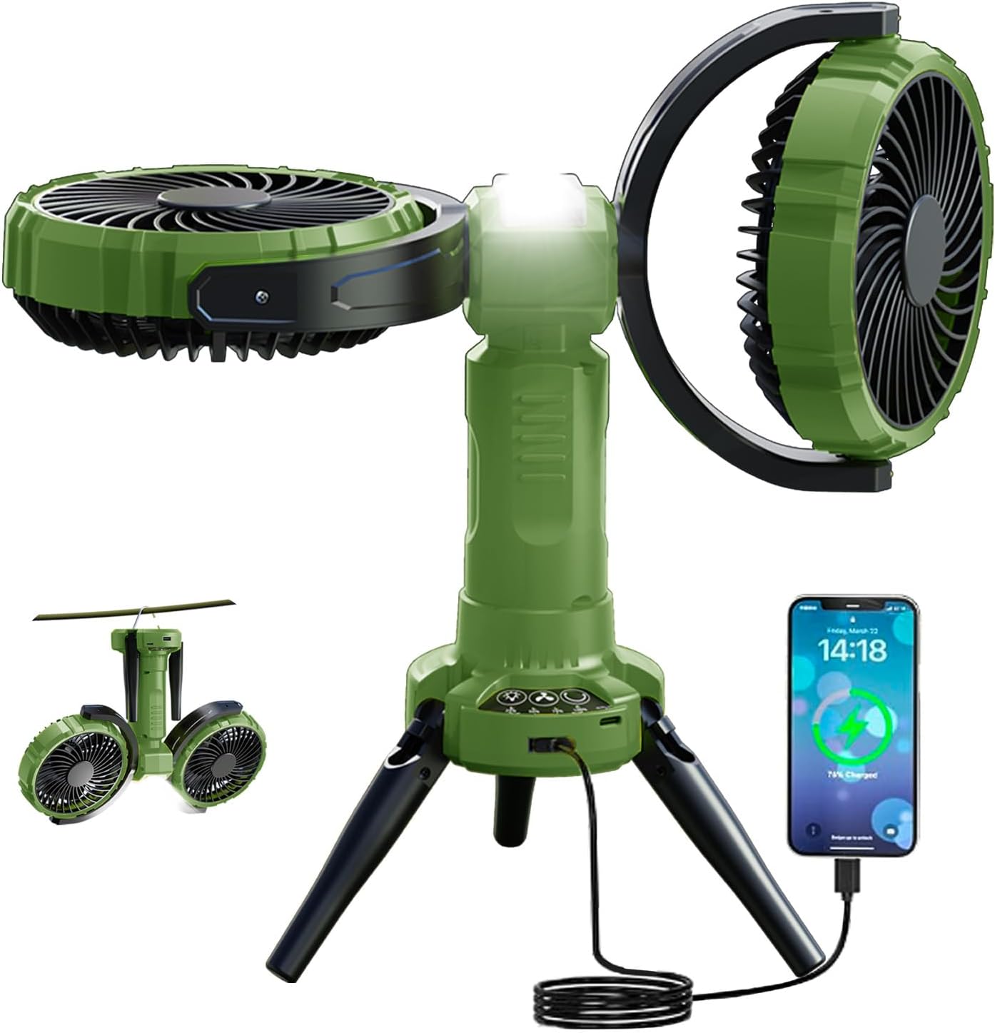 3 in 1 Portable Camping Fan with LED Light,8000mAh Rechargeable Battery Powered Fans with Hanging Hook for Tent,360°Head Rotation,4 Speeds,Camping Essentials Outdoor for Travel Fishing BBQ
