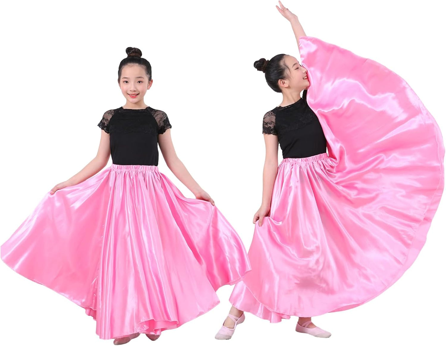 2 Pcs Long Satin Skirt for Girls Full Dancing Circle Skirt for Kids 8-12 Years