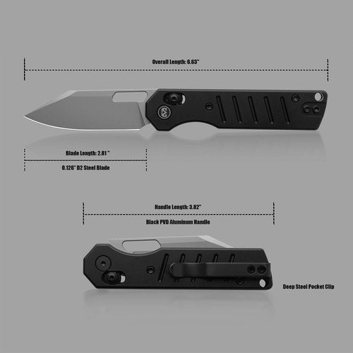 M Miguron Gatov Folding Knife 2.81" Sandblasted D2 Blade Black PVD Aluminum Handle With Deep Steel Pocket Clip Camping Hiking Pocket Knife MGR822ABK
