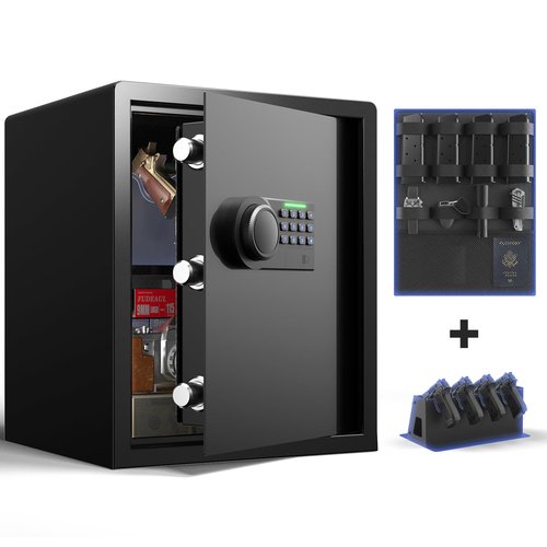 Grimtron Gun Safe for Handgun - (1.72 cu. ft.) for Multiple Pistol Rack & Door Organizer Money Box with Silent Mode, Home Safe with Backlit Keypad, LED Light, Gun Vault for Anti-Rust