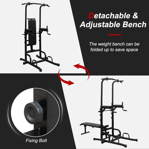 Multifunctional Power Tower & Pull Up Bar with Adjustable Height Dip Station - Foldable Bench Home Gym Equipment for Full-Body Strength Training