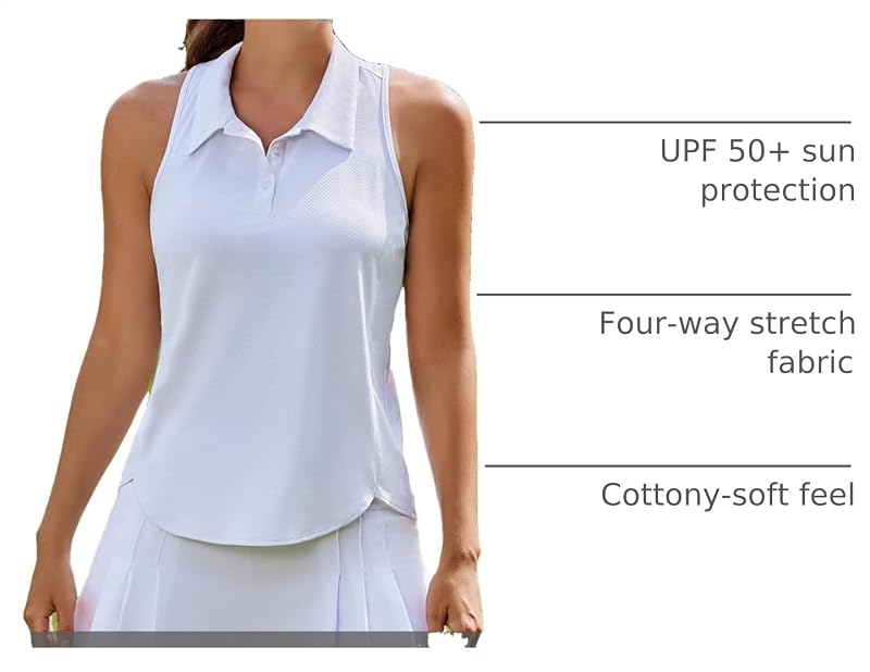PINSPARK Women’s Golf Shirt Racerback UPF 50+ with Collar - White, Medium