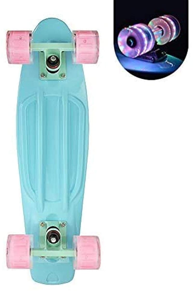 Light Blue 22in Mini Cruiser Skateboard for Kids Teens – LED Wheel Light Up Board with Carrying Bag