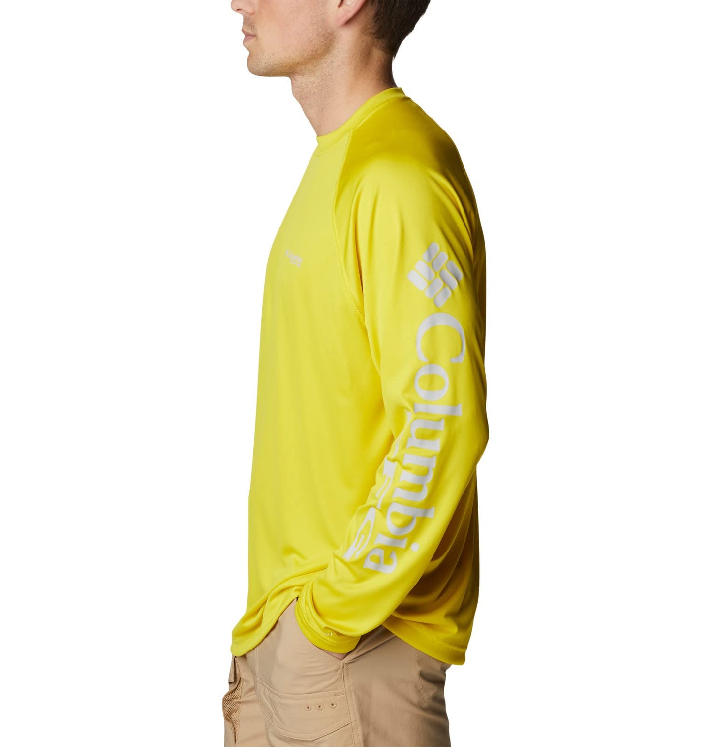 Columbia Men's Terminal Tackle Long Sleeve Fishing Shirt, Laser Lemon/Cool Grey Logo, Medium