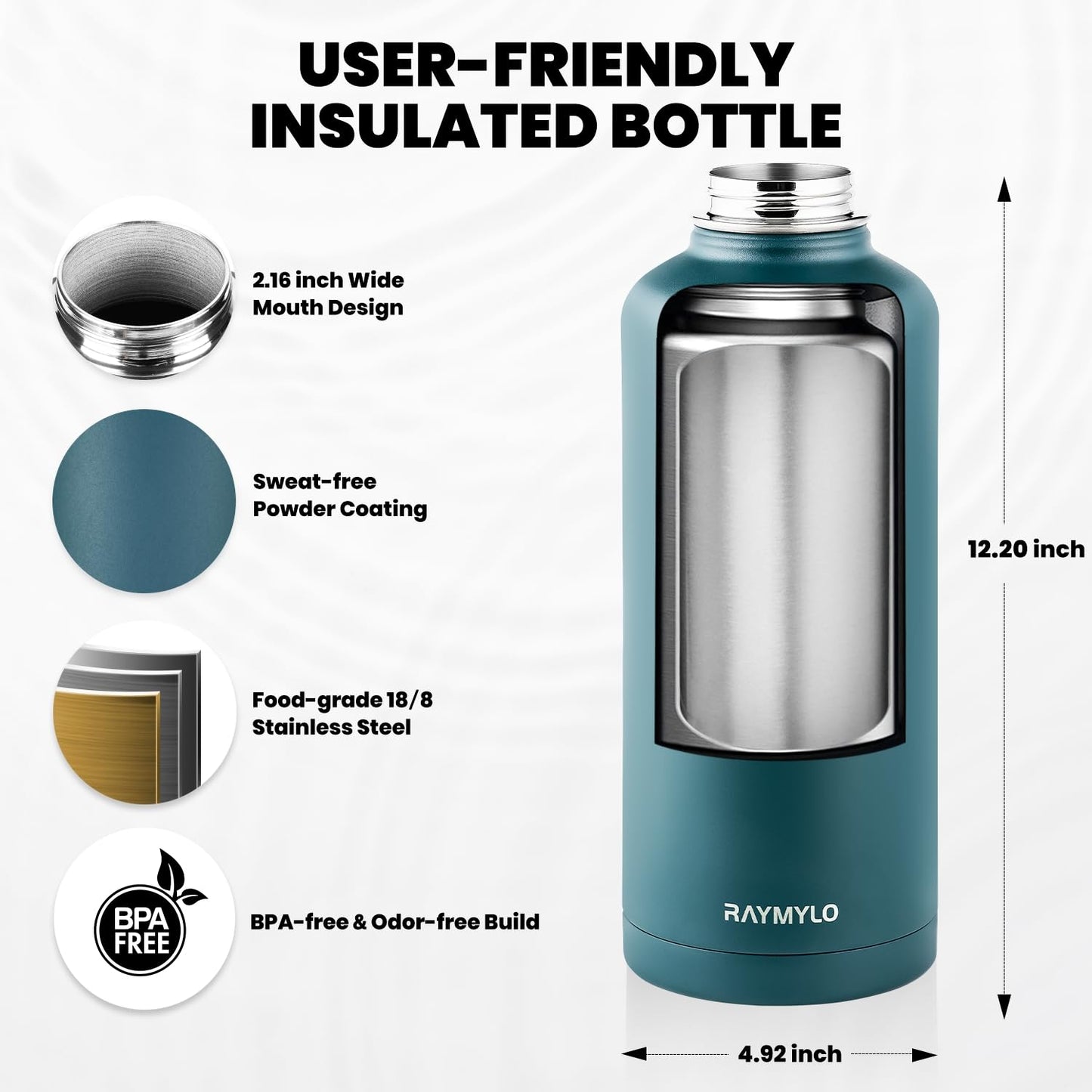 RAYMYLO Insulated Water Bottle 87 oz, Triple Wall Vacuum Stainless Steel (Cold for 48 Hrs), Leak Proof & Non-BPA, Modern Water Flask Jug with Paracord Handle & Straw Spout Lids, Dark Green