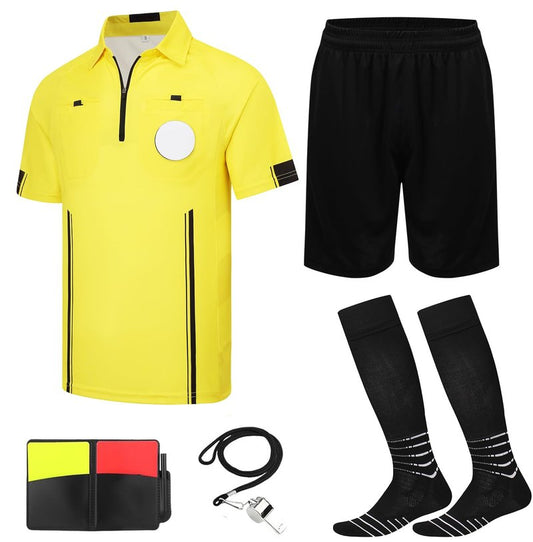 5Pcs Soccer Referee Shirt Jersey Kit Official Short Sleeve Ref Shirts Uniform Halloween Costume for Men & Women Yellow S