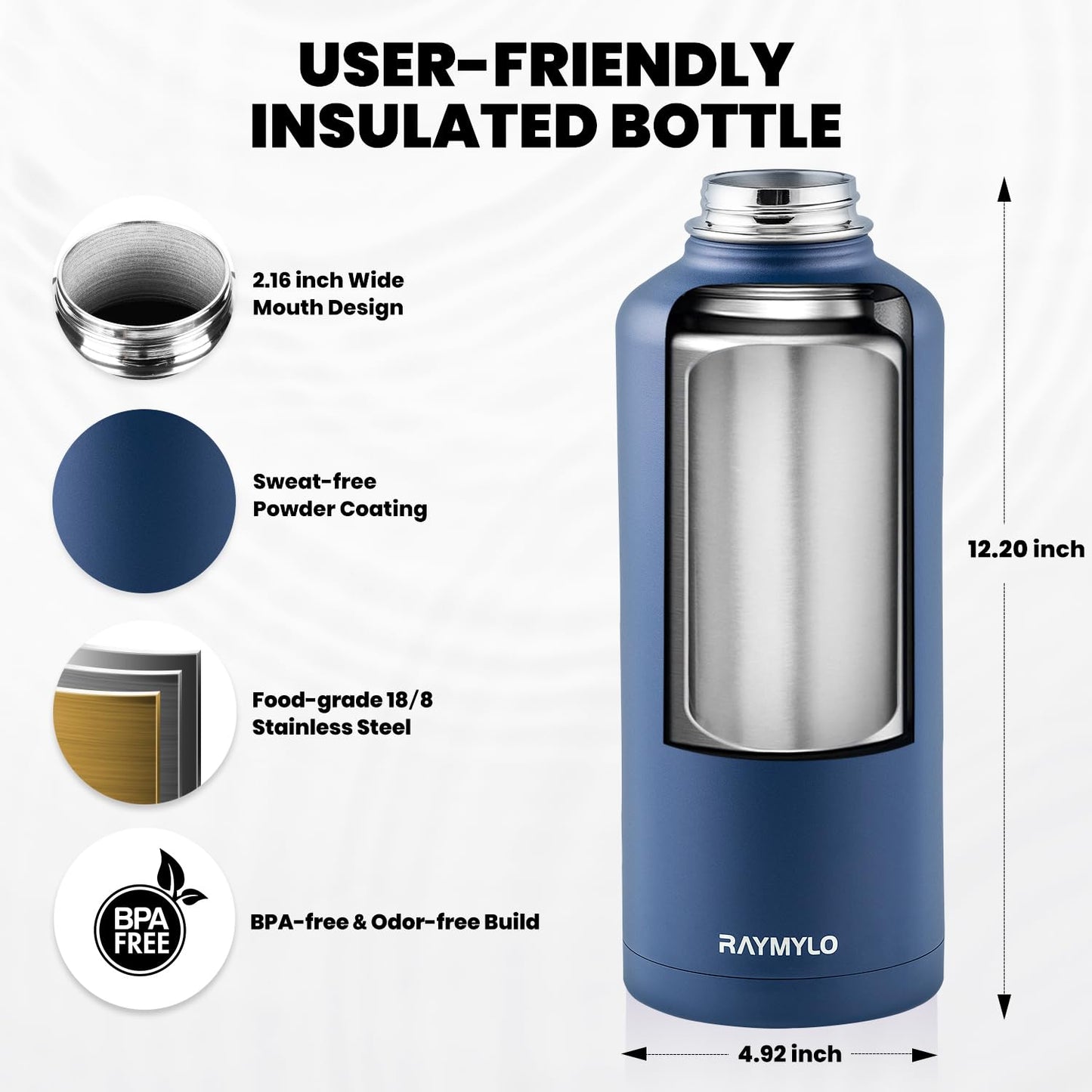 RAYMYLO Insulated Water Bottle 87 oz, Triple Wall Vacuum Stainless Steel (Cold for 48 Hrs), Leak Proof & Non-BPA, Modern Water Flask Jug with Paracord Handle & Straw Spout Lids, Navy Blue