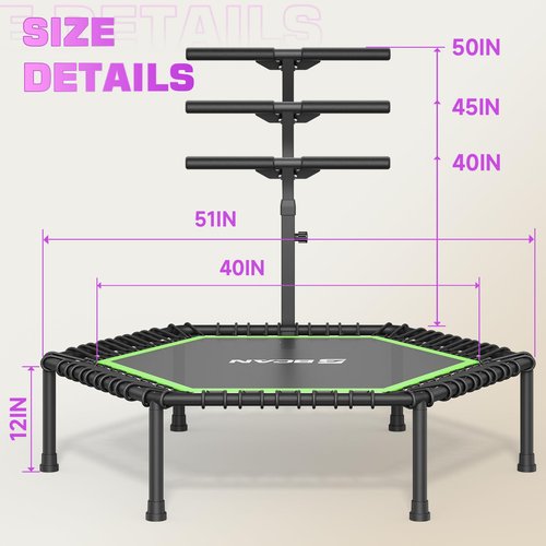 BCAN 51" Mini Hexagon Trampoline, Adult Fitness Trampoline with T-Adjustable Handle Bar, Silent Bungees, Larger, More Stable, Quiet Indoor/Garden Workout - Green