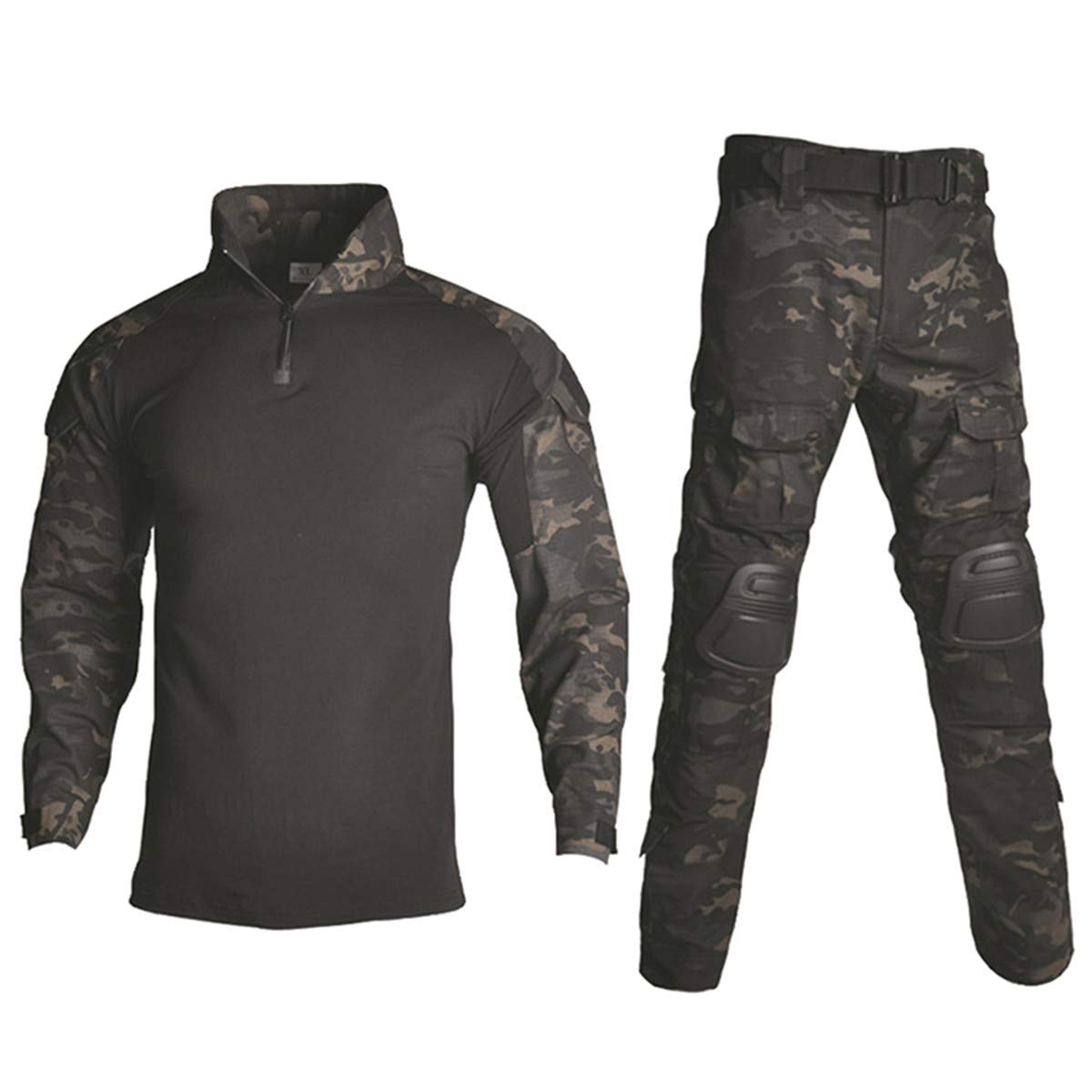 HARGLESMAN Mens Combat Suits Military Uniforms Army BDU Tactical Sets Shirts Pants Comfortable Breathable Snug Fit Training Airsoft Paintball Apparel Gear,Black Camo US XS,CN M