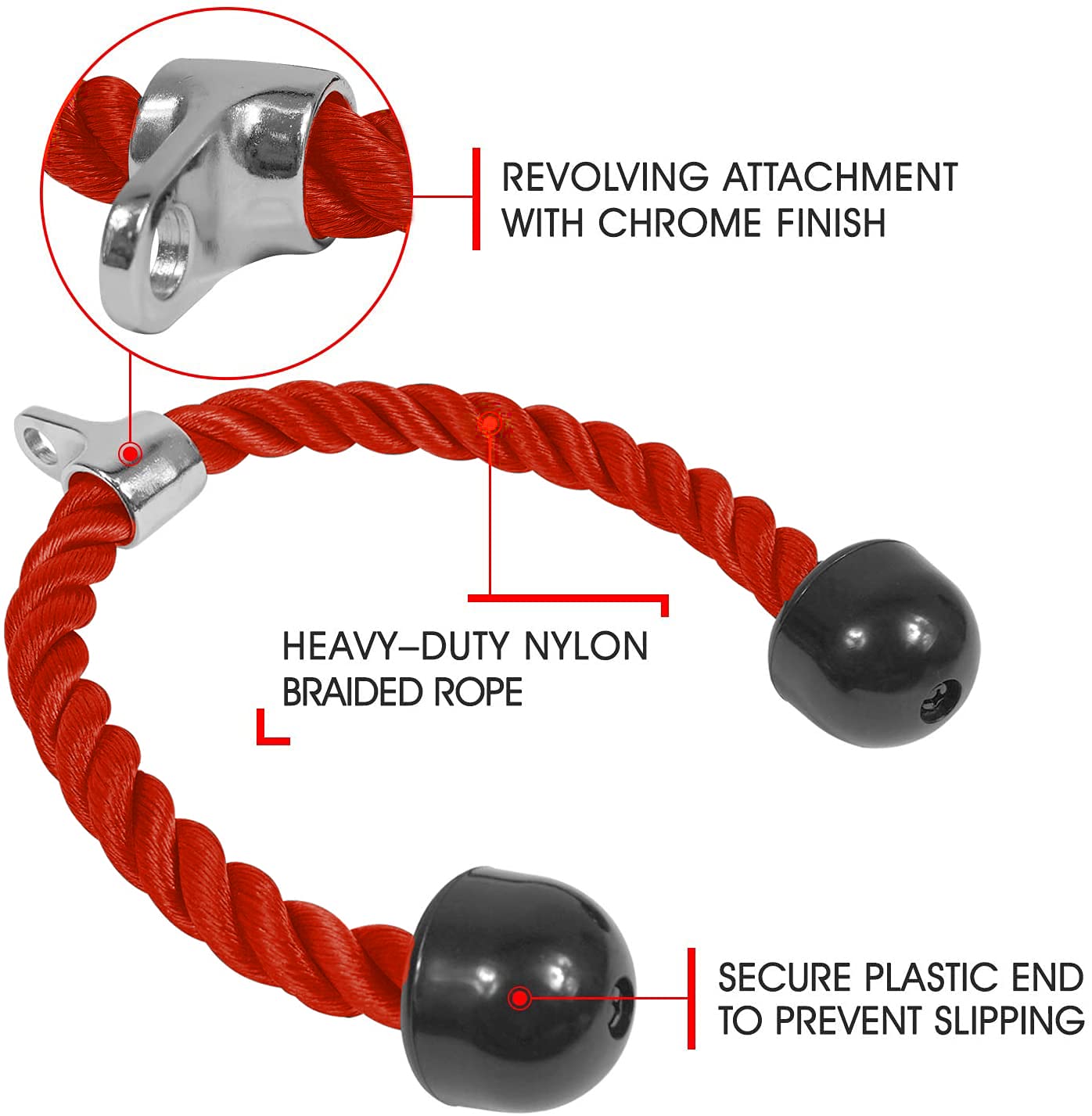 Yes4All Deluxe 36" Red Tricep Rope with Carabiner, Exercise Machine Attachments, Pulley System Pull Down Rope, LAT Cable Attachment for Row Machine & Cable Machine