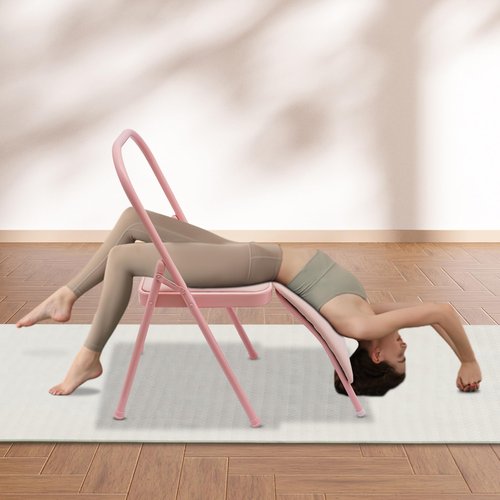 Yoga Auxiliary Chair with Lumbar Back Support, Foldable Balance Handstand Training Tool Yoga Equipment, Abs & Core Strength Training Inversion Equipment Yoga Practice Balance Chair for Adults (Pink)