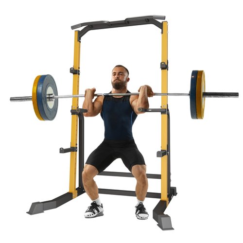 BestHFit Power Cage Squat Rack – Heavy Duty 1000LB Capacity Home Gym System with Adjustable Pull-Up Bar, Safety Spotter Arms & J-Hooks for Weight Lifting, Bench Press, Crossfit – Yellow