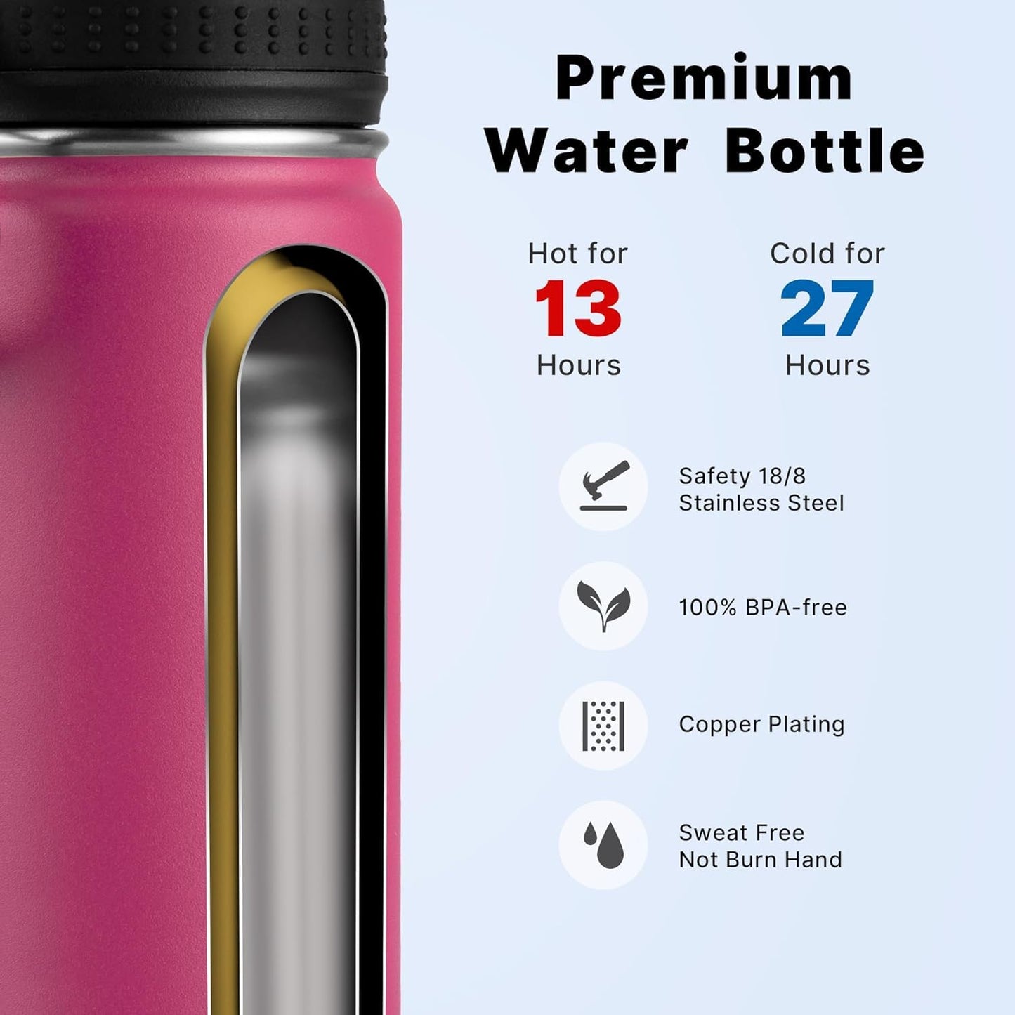 koodee Insulated Water Bottle -18 oz Stainless Steel Vacuum Water Bottle with Straw Lid-Wide Mouth Sports Flask BPA Free (Rose Red)