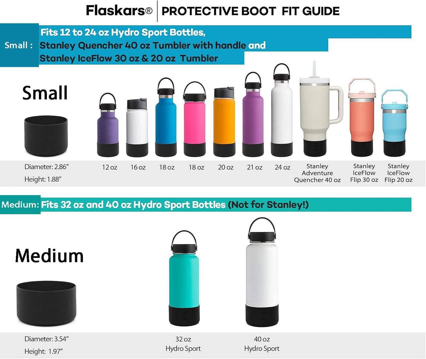 Flaskars Protective Silicone Boot for 12 oz - 40oz Hydroflask Water Bottles Anti-Slip Bottom Stanley Sleeve Cover Bumper (Small, Black)