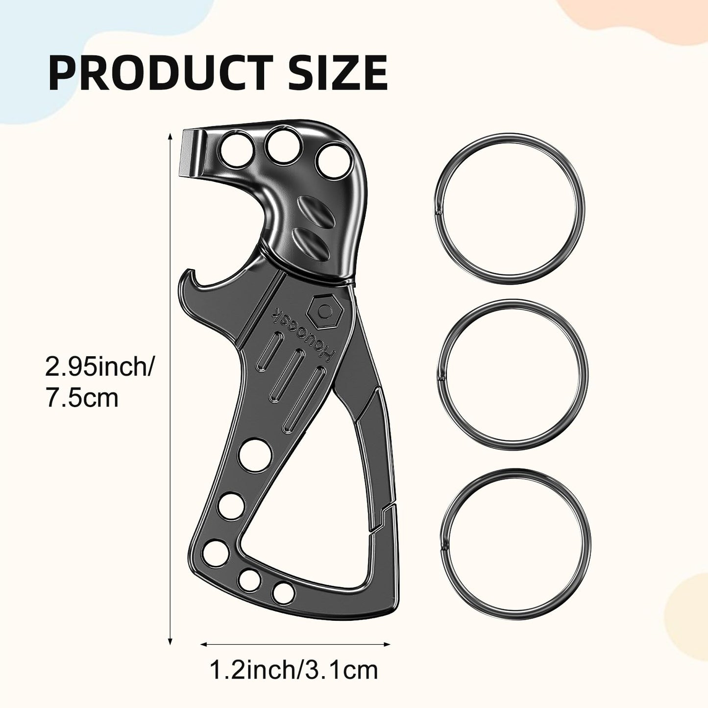 Hcuocsk Heavy Duty Key chain, Carabiner Clip Keychain with Bottle Opener, 3 Key Rings for Car Keys, Metal Secure Snap Lock, Family Present for Men and Women(Black,1-Pack)