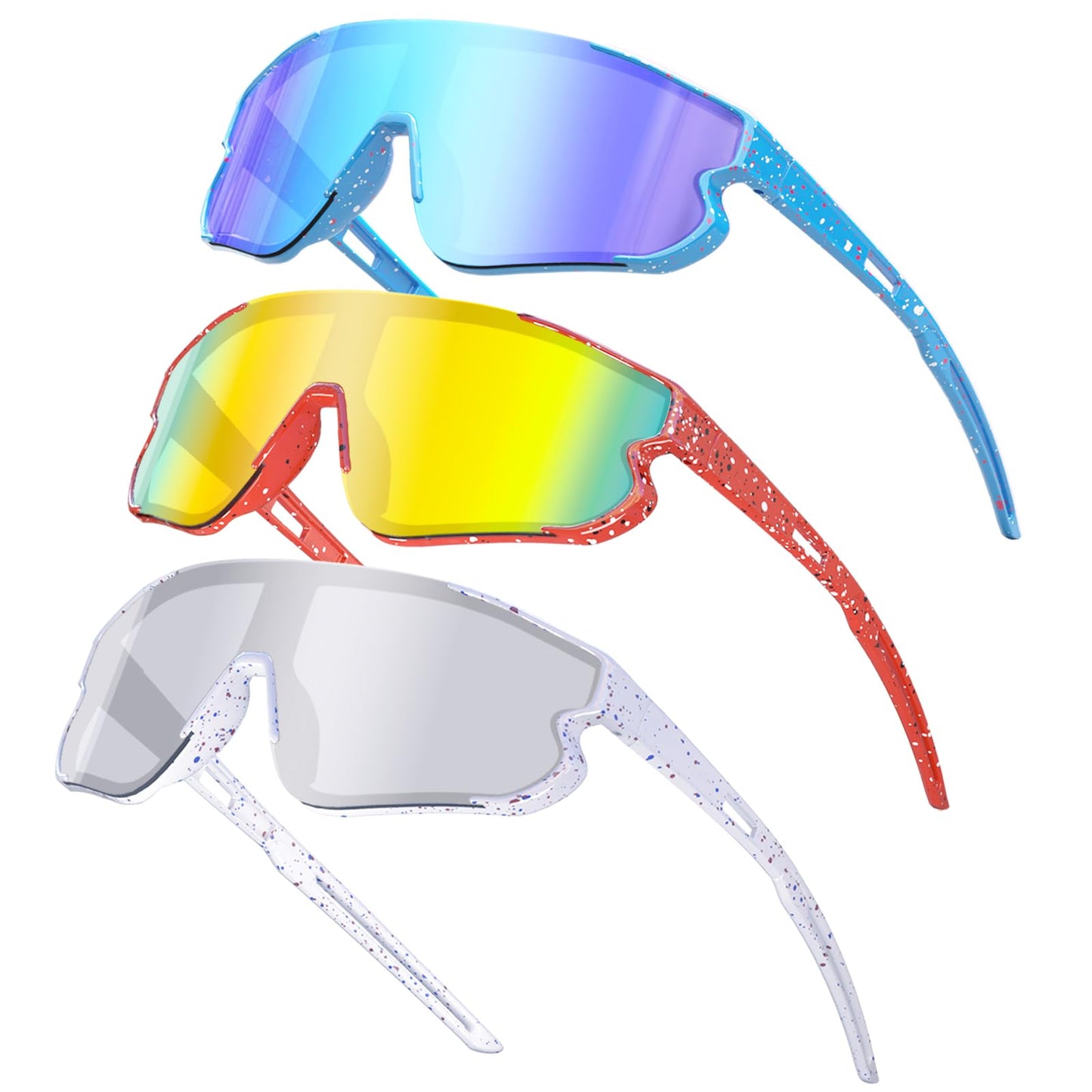 Wapreta 3PACK Kids Sunglasses Youth Baseball Sunglasses for 4-12 Boys Girls Cycling Softball Running UV400 Sports Goggles (Blue Frame + Red Frame + White Frame)