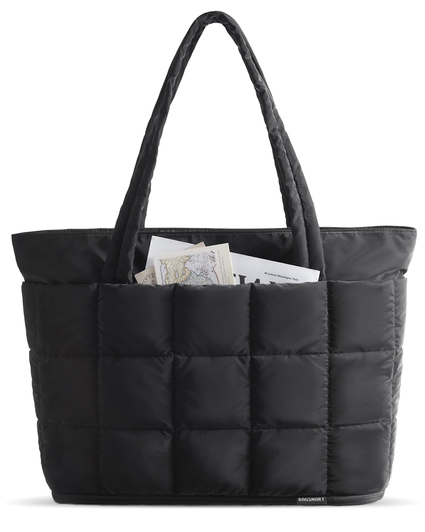 BAGSMART Expandable Tote Bag for Women, Puffer Work Tote Handbag, Quilted Carry On Bag for Travel Gym, Black, Large