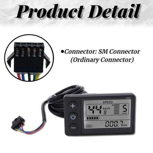 Electric LCD Display Meter, S866 LCD Display Meter, Speedometer Odometer, 24V 36V 48V Electric Scooter Control Panel with Plug for 22.2mm/0.9in Handlebars