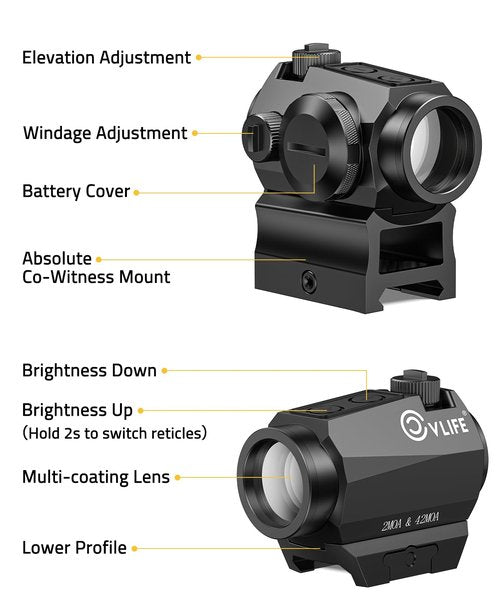 CVLIFE Multiple Reticle 2 MOA Green Dot & 42 MOA Circle, Motion Awake Green Dot Sight 50,000H Battery Life, 1x20mm Optics Scope Sight with Absolute Co-Witness Riser and Low Mount for 21mm Picatinny