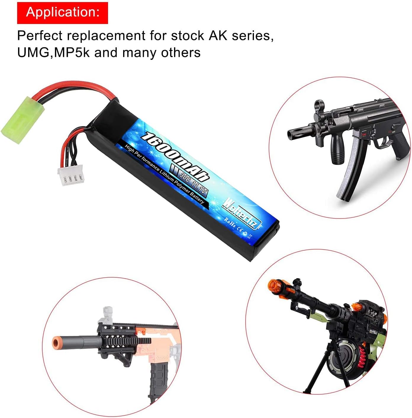 2Packs 11.1V Airsoft Battery 1600mAh 30C Rechargeable Lipo Battery 2S-3S Balance Charger/Lipo Safe Bag with Mini Tamiya Connector for Airsoft Guns Rifle