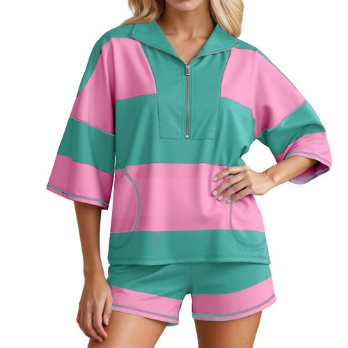 Womens 2 Piece Workout Sets,Summer Striped Quarter Zip Shirt and Shorts Activewear Outfit,Oversized Going Out Lounge Set,Dark Green,M