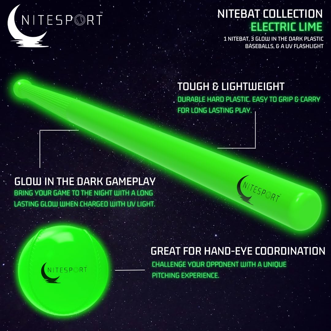 NiteSport Glow in The Dark Plastic Baseball Bat Set w/UV Light