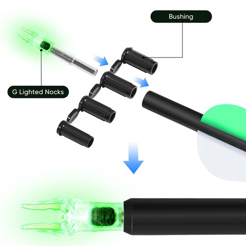 6 Pack G Lighted Nocks for Arrows with .165 .204 .233 .244 .246 Inside Diameter with X, H, S, GT Bushings High Visibility Lighted Arrow Nocks (Green - 6 Pack)
