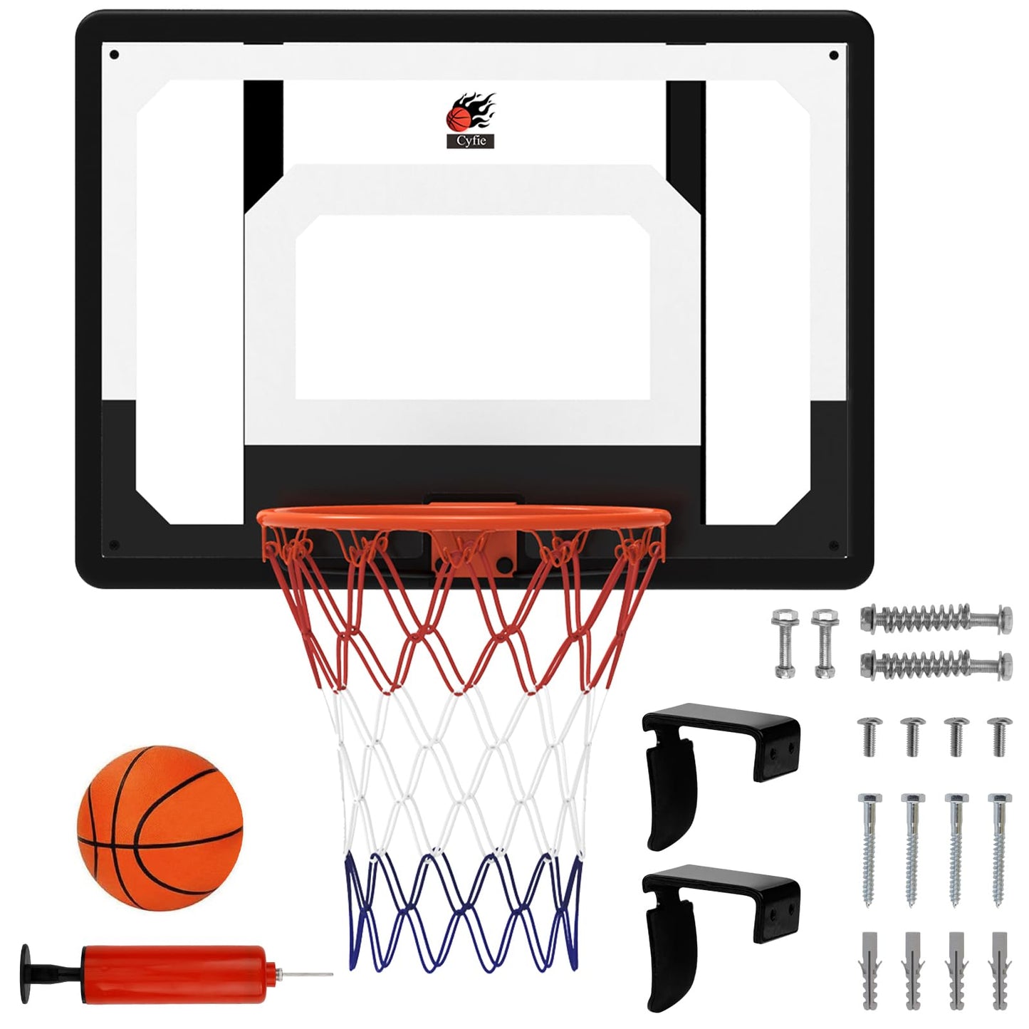 CYFIE Large Wall Mount Basketball Hoop Set with Door Hooks, 32" x 23" Backboard, Spring Rim, Indoor Outdoor Basketball Practice Equipment for Adults