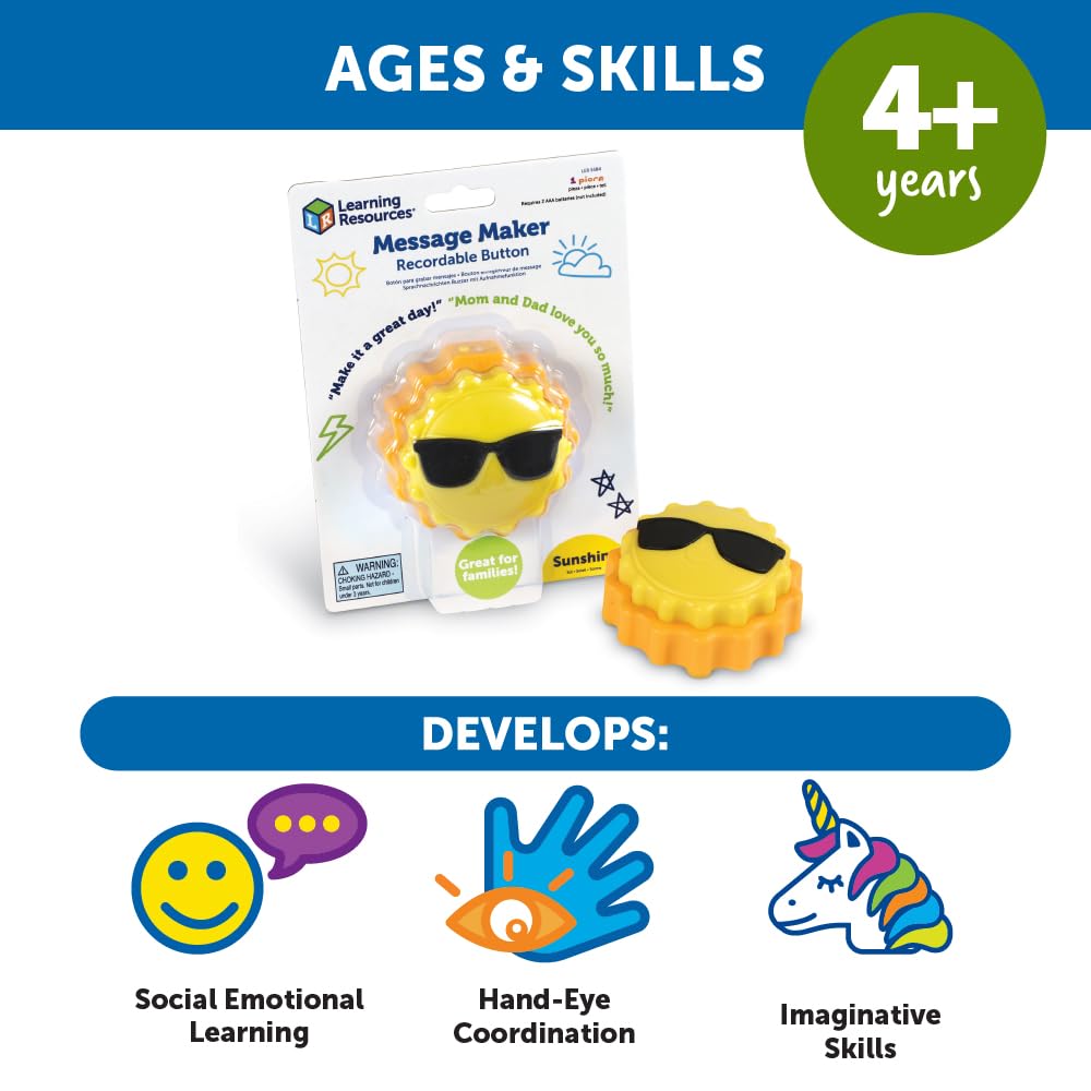 Learning Resources Message Maker Recordable Button Sunshine, SEL Toys, Classroom Must Haves, Teacher Supplies, Gifts for Boys and Girls, Speech Materials, Ice Breaker