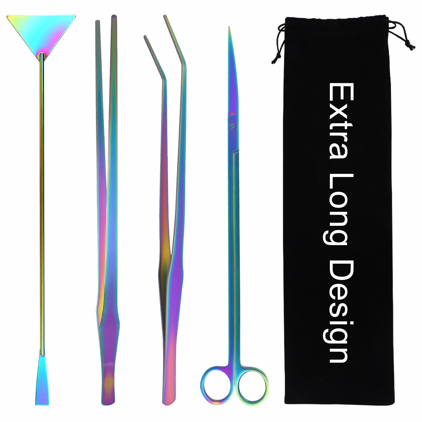 Funnytek 15Inch Extra Long Design Aquarium Aquascaping Tool Stainless Steel Aquascape Tool Kit 4 in 1 Anti-Rust Fish Tank Starter Kit with Long Tweezers Scissors Spatula for Aquarium Plants (Colorful)