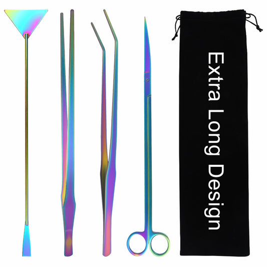 Funnytek 15Inch Extra Long Design Aquarium Aquascaping Tool Stainless Steel Aquascape Tool Kit 4 in 1 Anti-Rust Fish Tank Starter Kit with Long Tweezers Scissors Spatula for Aquarium Plants (Colorful)