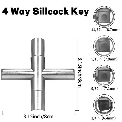 Comfylichi 2pcs 4 Way Sillcock Key Set 1/4", 9/32", 5/16", 11/32 Steel Sillcock Water Key hose bib key for Valve Faucet Cabinet Opening Key and Spigots