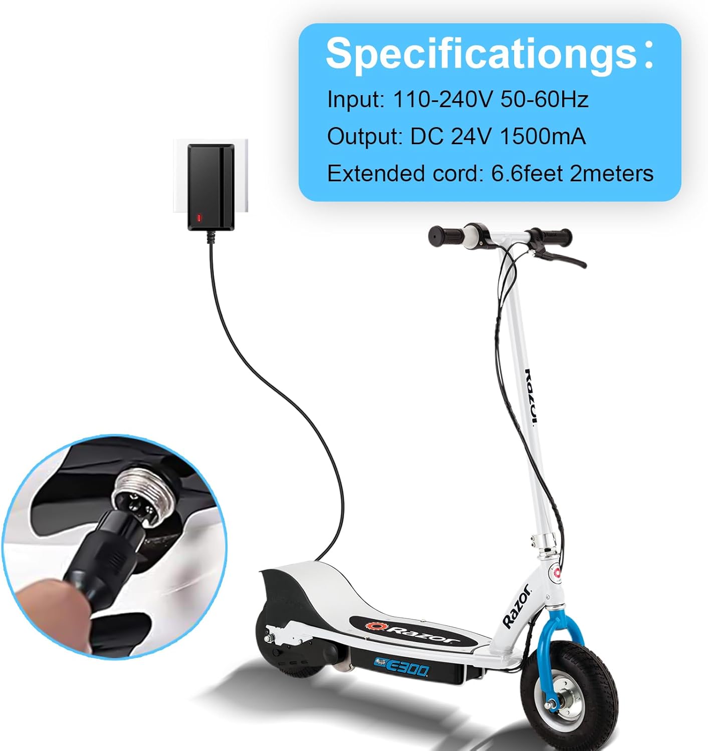 24V Electric Scooter Charger for Razor E300 E200 E150 E125 E100 MX350 Dirt Bike Pocket Mod Sports Mod Dirt Quad Motorcycle Razor Scooter Charger 3-Prong Inline Female Electric Battery Power Cord