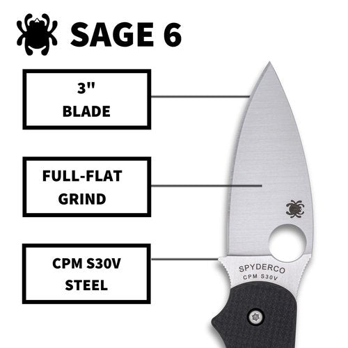 Spyderco Sage 6 Folding Knife - CPM S30V Steel Blade with Carbon Fiber/G-10 Laminate Handle, Button-Release Compression Lock, PlainEdge - C123CFBCLP