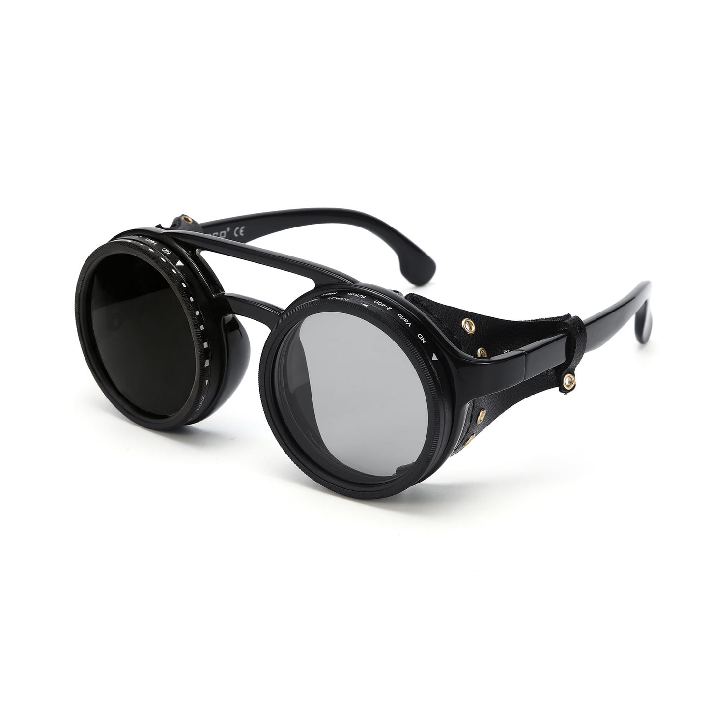 Adjustable Tint Sunglasses, 9-Level Manual Dimming, Polarized UV Protection, Detachable Leather Side Shields, Round Steampunk Style, Ideal for Hiking, Mountaineering, Glacier Travel, and Fishing