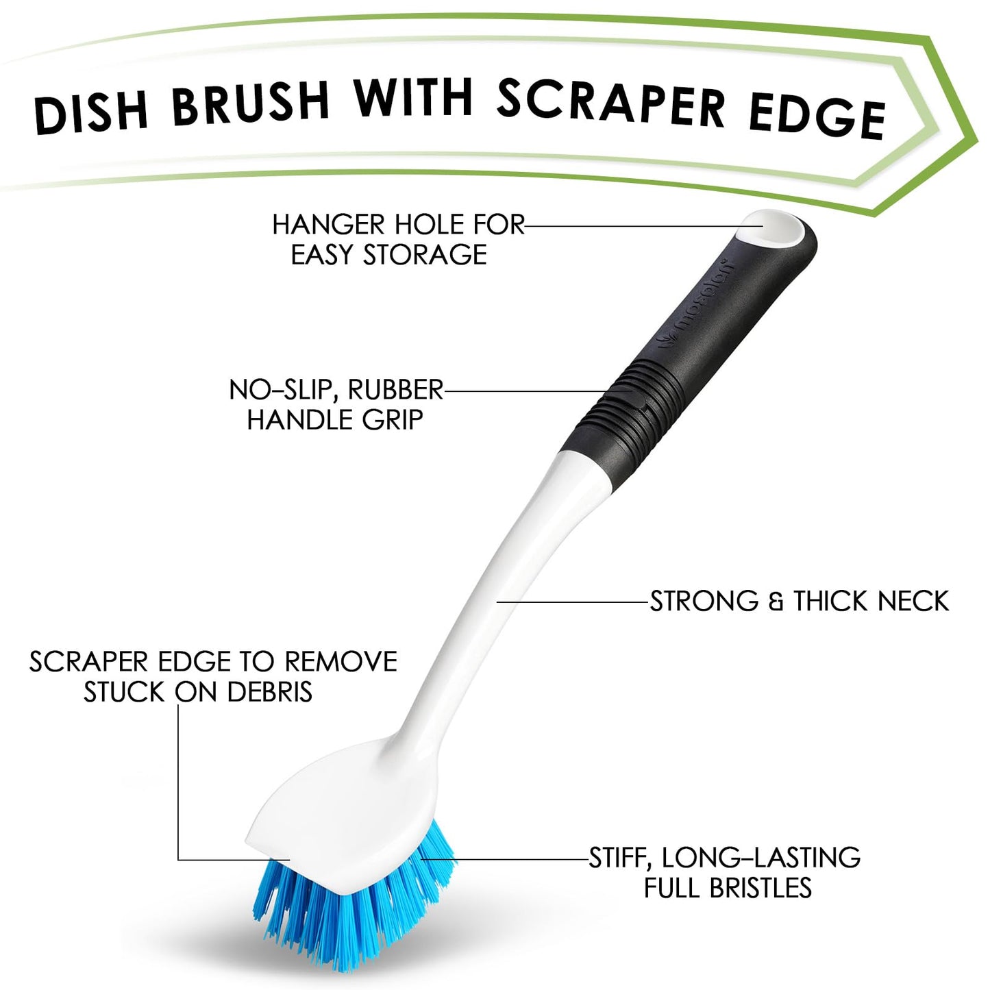 MOSOLAN Dish Brush Set of 3 with Water Bottle Brush, Dish Scrub Brush and Scrubber Brush, Long Handle Kitchen Scrub Brushes for Dishes, Bottles, Cups, Pots, Pans and Sinks, Round Head