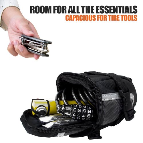 BV Strap-On Bike Bag with Reflective Material - Capacious Saddle Bag with Seperate Divider for Small Items & Room for All Your Essentials - Bike Pouch with Taillight Hanger for Maximum Safety